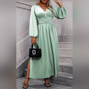NEW Chic Ruched Waist Lantern Sleeve Maxi Dress PLUS Light Mint Green